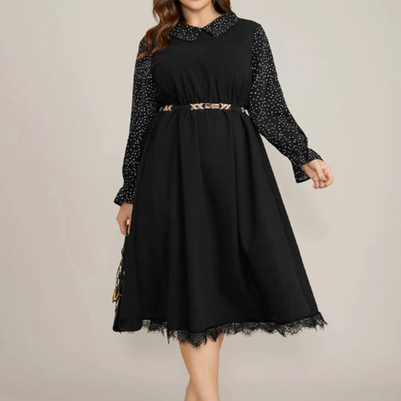 NWT Bloomchic Polka Dot Patchwork Lantern Sleeve Pocket Lace Trim Dress - Picture 2 of 3